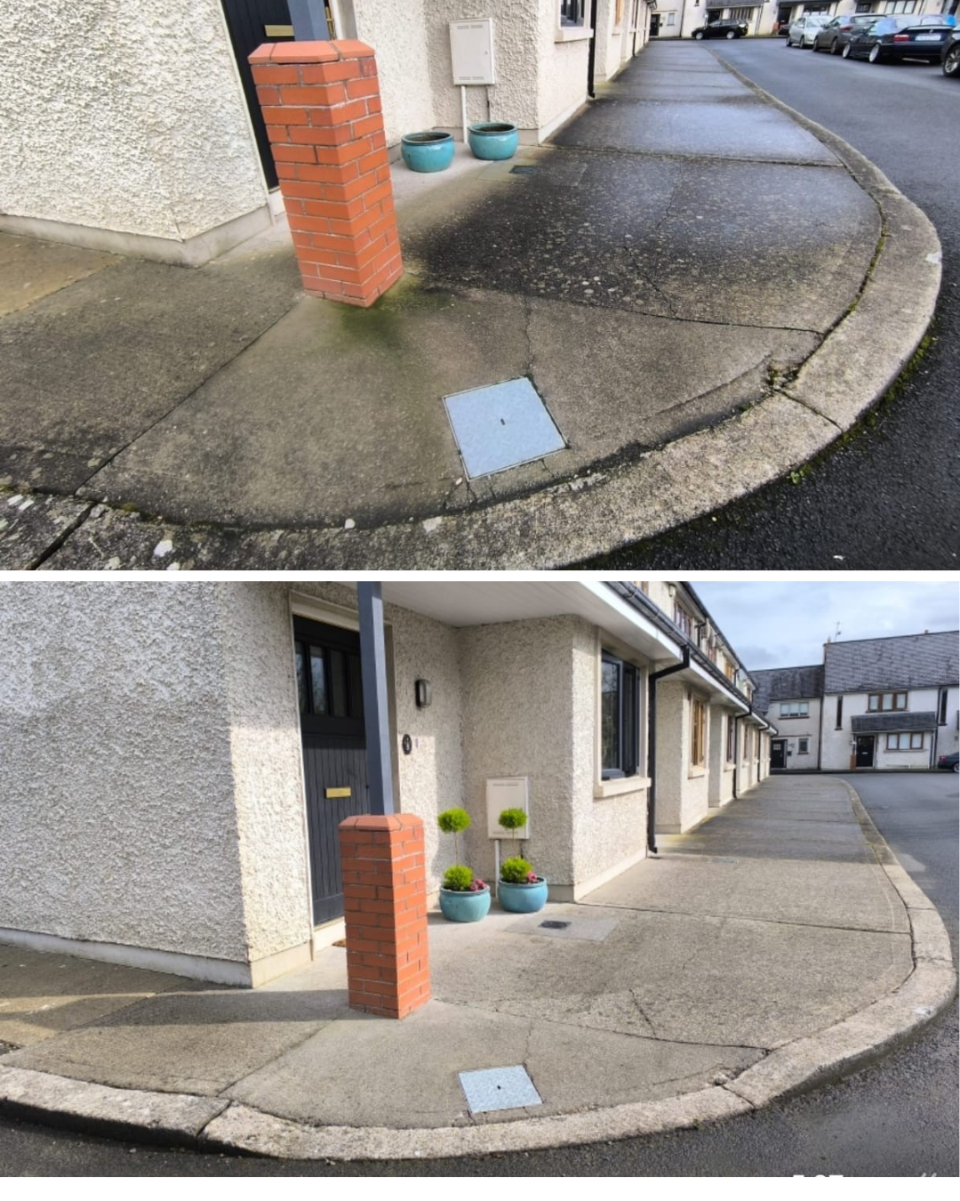 Driveway entrance before and after power washing